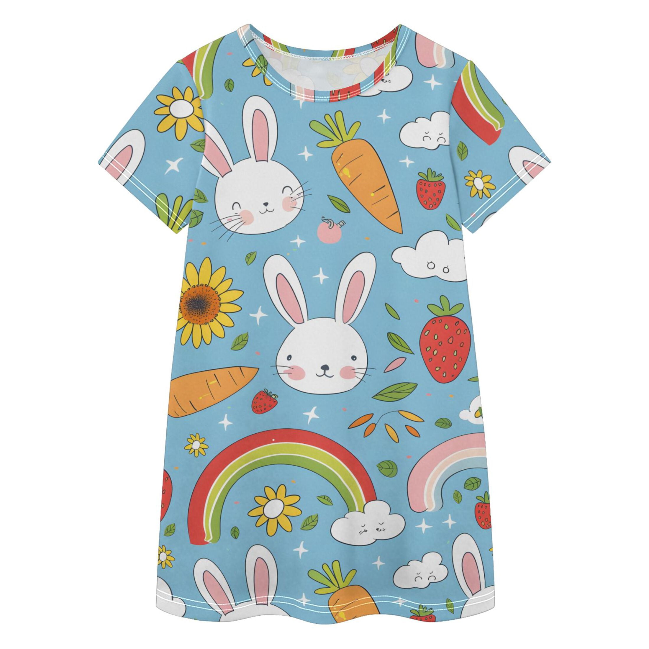 Cute Rabbit Pattern Girls' Casual Dresses Short Sleeve Cotton Dress for ...