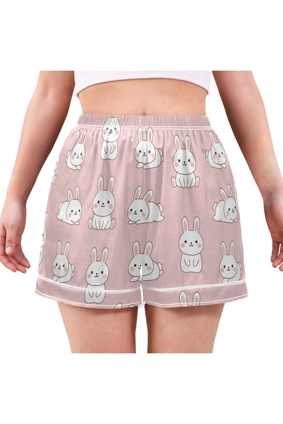 Cute Rabbit Pattern Women's Pajama Shorts Silky Satin Casual Lounge Sleep Zero Pressure