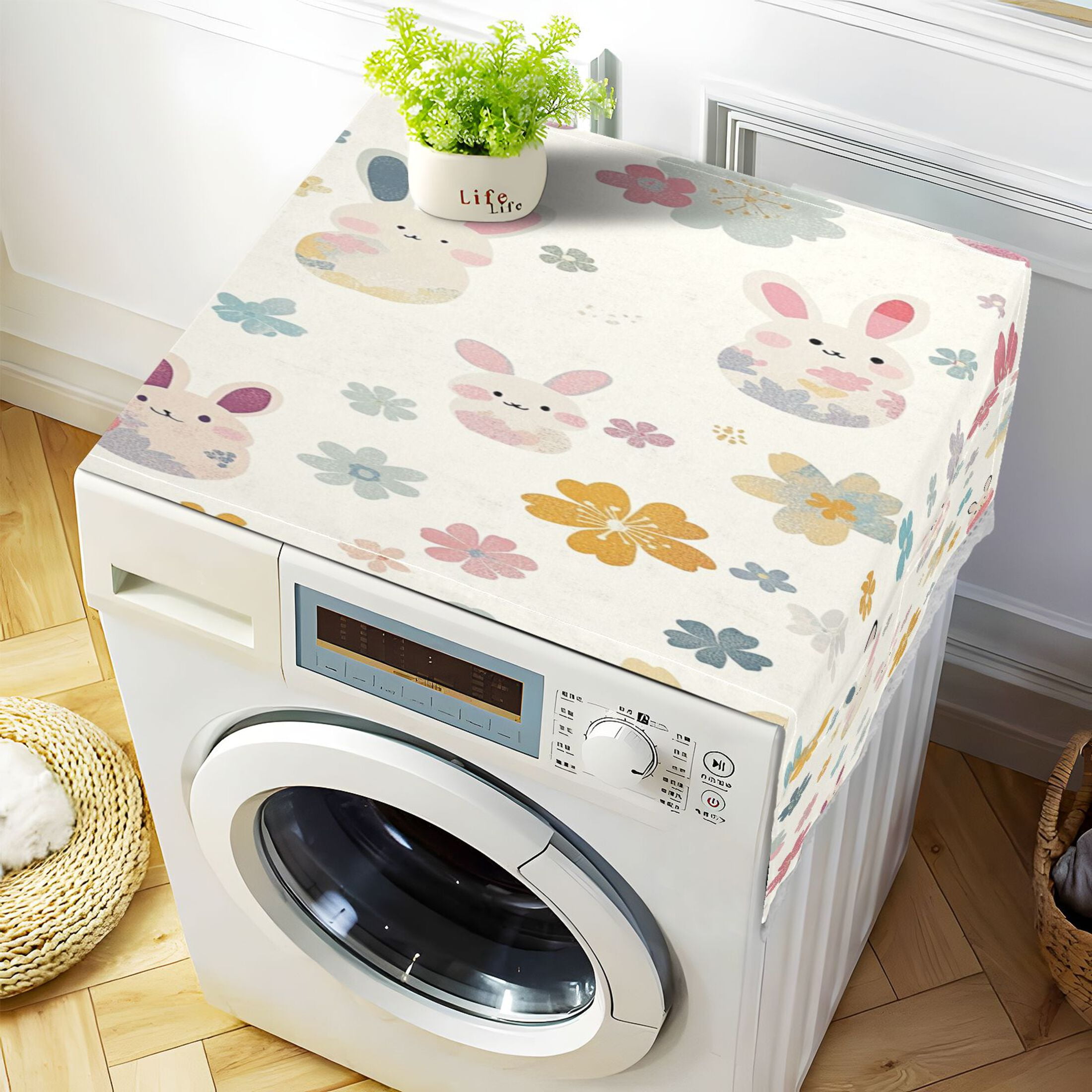 Cute Rabbit PatternWasher and Dryer Covers Dust-Proof and Oil Resistant Fridge Cover with 4 Storage Pockets Washing Machine Top Cover for Laundry Kitchen Home 51.2 x 22 In