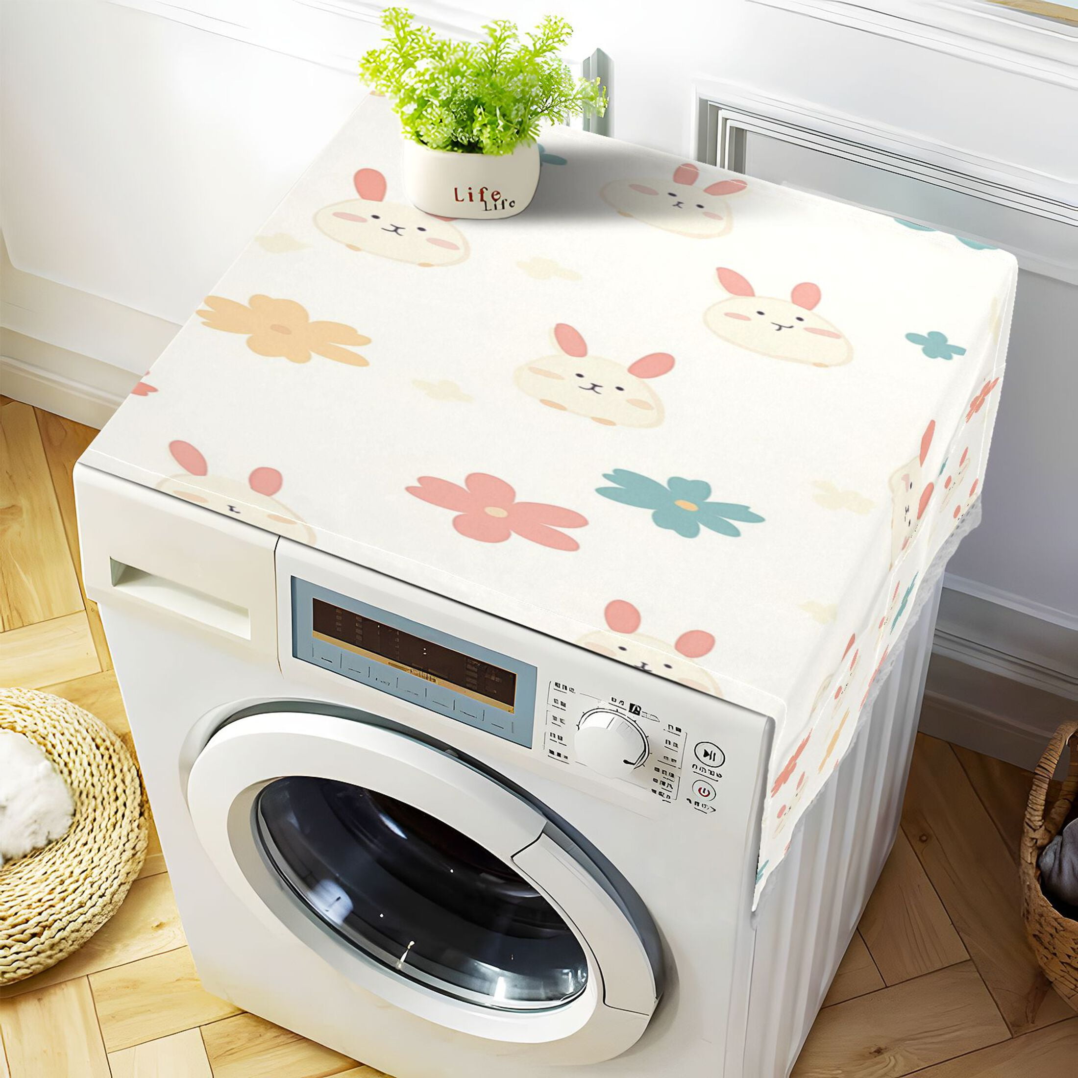 Cute Rabbit PatternWasher and Dryer Covers Dust-Proof and Oil Resistant Fridge Cover with 4 Storage Pockets Washing Machine Top Cover for Laundry Kitchen Home 51.2 x 22 In