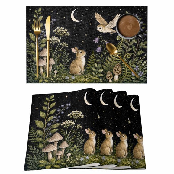 Cute Rabbit Placemats Set of 1, Midnight Moon Forest Flying Owl Green Fern Fronds Mushroom Non-Slip Place Mats Washable Table Mats for Kitchen Dining Table Decorations Indoor/Outdoor