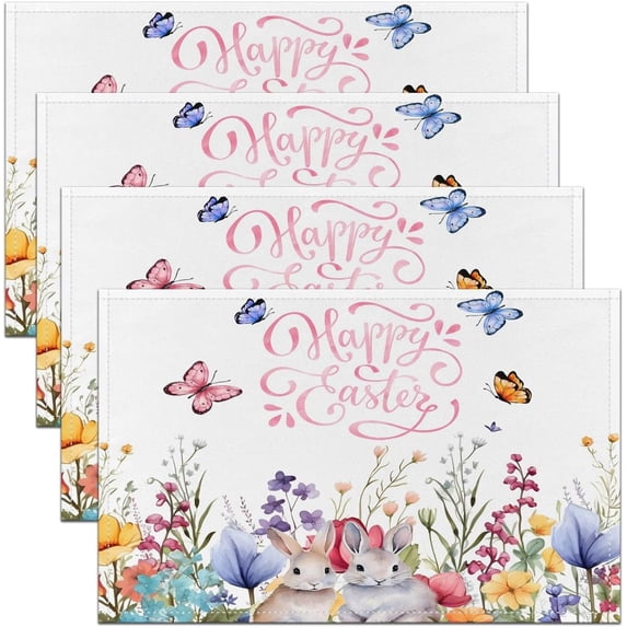Cute Rabbit Placemats Set of 4 12"x18" Kids Easter Day Placemats for Dining Table Indoor Outdoor Kitchen Cartoon Animals Table Mats Placemat Garden Butterfly Flower Decor Table Place Mats