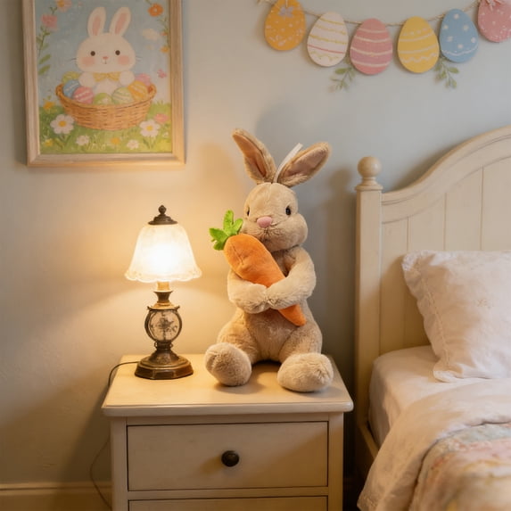 Cute Rabbit Plush Toy, White Bunny Stuffed Animal Holding Carrot, Soft Short Plush Doll, for Easter Decoration, Desk and Shelf Display, 11.02 Inches