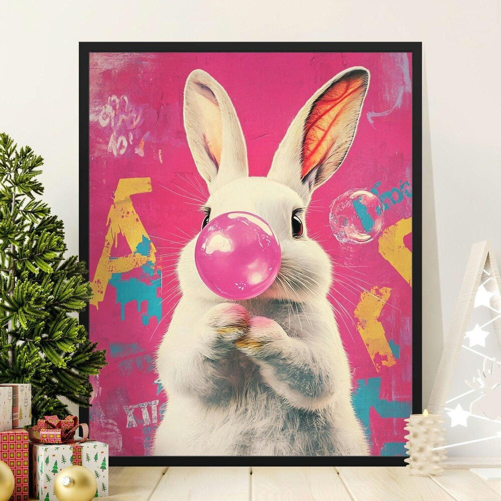 Cute Rabbit Poster, Bubblegum Art Print for Kids Room, Whimsical Animal ...