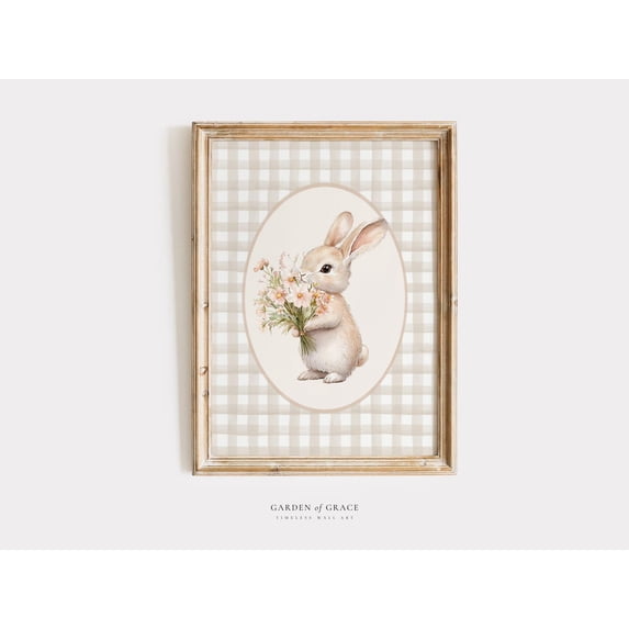 Cute Rabbit Poster, Flowers, Floral Gingham, Baby Shower, Vintage Bunny ...