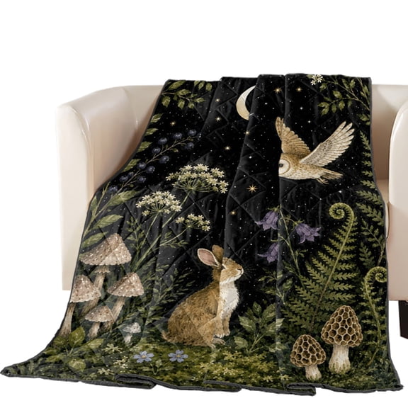Cute Rabbit Quilted Comforters Cooling Blanket Full Size, Midnight Moon Forest Flying Owl Green Fern Fronds Mushroom Cold Comfort for Hot Sleepers Lightweight Air Conditioning Quilt Blanket for Bed