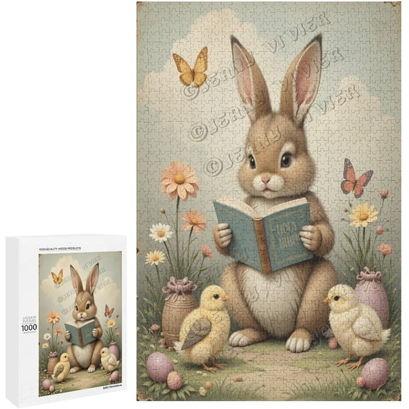 Cute Rabbit Reading The Holy Bible Wooden 1000 Piece Puzzles for Adults, Unique Puzzles for Adults, Bunny Wooden Jigsaw Puzzles, Fun Family Game, 29.5"x19.7", Rabbit