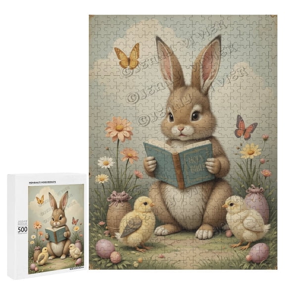 Cute Rabbit Reading The Holy Bible Wooden 500 Piece Puzzles for Adults, Unique Puzzles for Adults, Bunny Wooden Jigsaw Puzzles, Fun Family Game, 20.5"x15.0", Rabbit