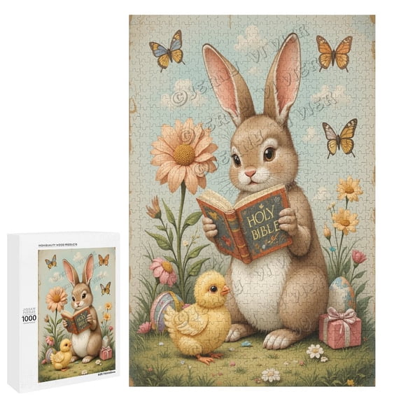 Cute Rabbit Reading The Holy Bible 1000 Piece Jigsaw Puzzle - Easter Decorative Sign - Cute Bunny - 1000 PC Jigsaw - Wooden