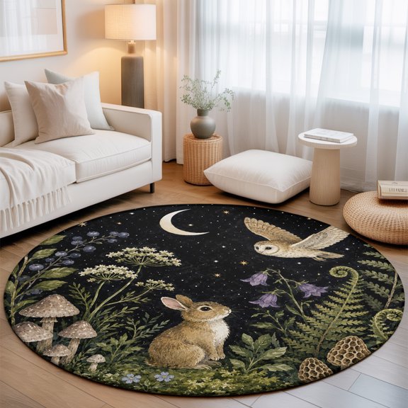 Cute Rabbit Round Area Rugs 3 ft, Midnight Moon Forest Flying Owl Green Fern Fronds Mushroom Washable Small Area Rug with Non-Slip Sturdy Edge Binding Round Front Door Mat Floor Carpet for Entryway