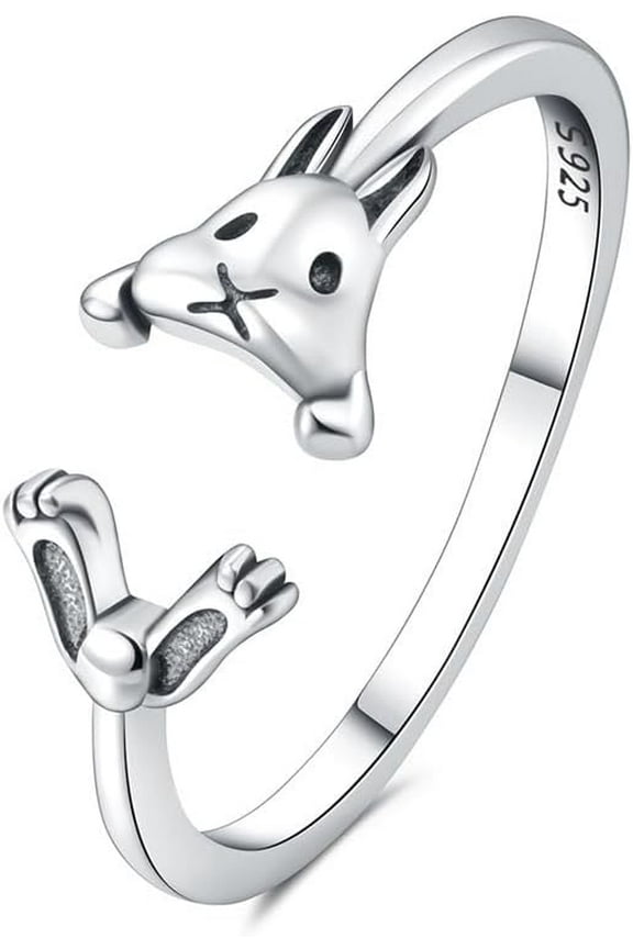 Cute Rabbit S925 Sterling Silver Open Rings For Women Funny Animal Bunny Stacking Adjustable Knuckle Tail Middle Statement Finger Band Comfort Fit Lovely Christmas Jewelry Gifts Birthday Daughter Bff