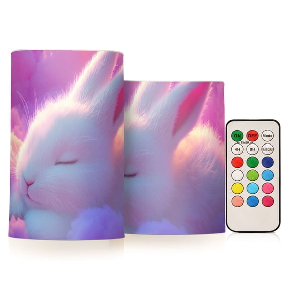 Cute Rabbit Sleeping on Dreamy Clouds Flickering Flameless Candles LED Tealight Battery Operated with Remote Set of 2 Holiday Decor Ornaments