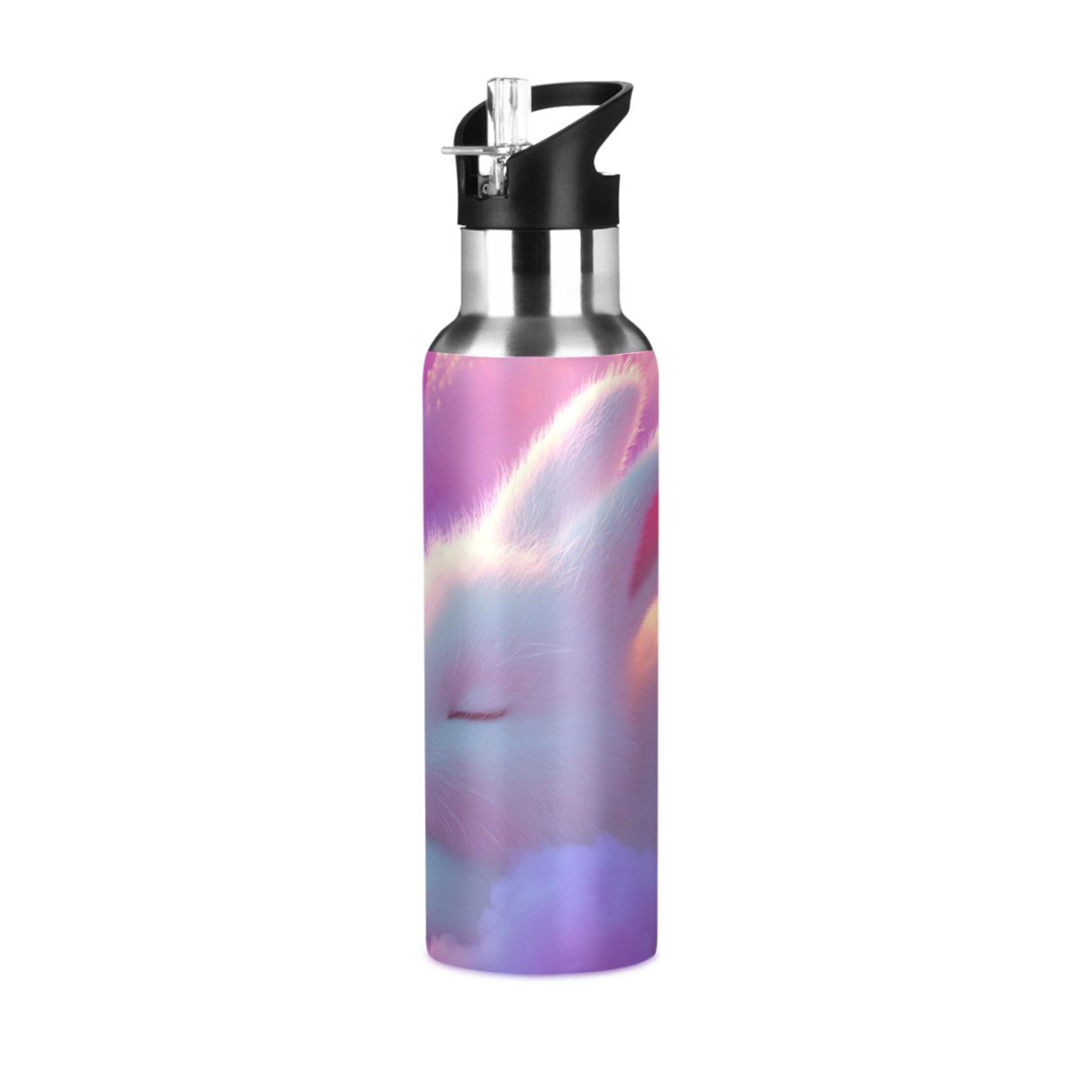 Cute Rabbit Sleeping on Dreamy Clouds Sports Bottle with Straw Stainless Steel Water Jug Portable Thermal Cup Leak-proof 1000ML