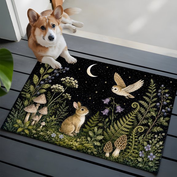 Cute Rabbit Small Area Rugs 2x3 Midnight Moon Forest Flying Owl Green Fern Fronds Mushroom Entryway Rugs Washable Door Mat, Low-Profile Area Rugs Floor Carpet for Living Room Bedroom Home Office