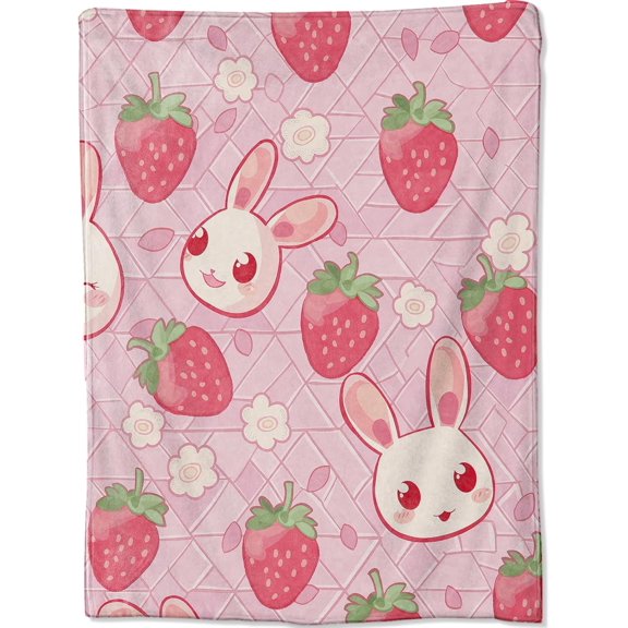 Cute Rabbit Strawberry Blanket, Pink Fruit Beautiful Floral Throw Blankets for Home Bedroom Couch Room Decor, Fluffy Comfortable Warm Throws, for Boys Kids Girls, 40x50 in