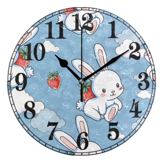 Cute Rabbit Strawberry Silent Wall Clock 10" Non-Ticking Battery Clock
