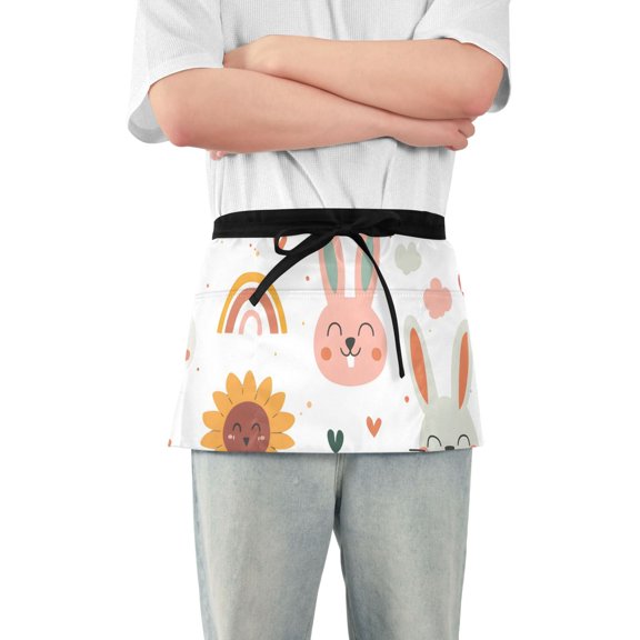 Cute Rabbit Sunflower Cloud Rainbow Heart Short Server Apron with 3 Pockets for Unisex Chef Gardening