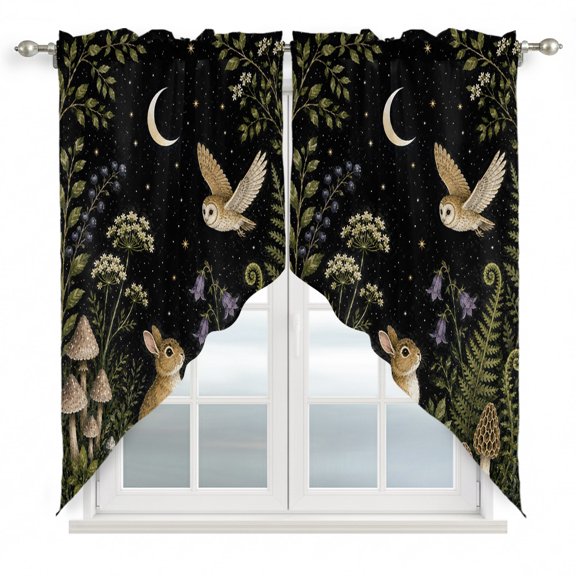Cute Rabbit Swag Curtain Valance for Windows, Midnight Moon Forest Flying Owl Green Fern Fronds Mushroom Window Treatments Short Swag Topper for Kitchen Windows Bathroom Bedroom, 28"x36"