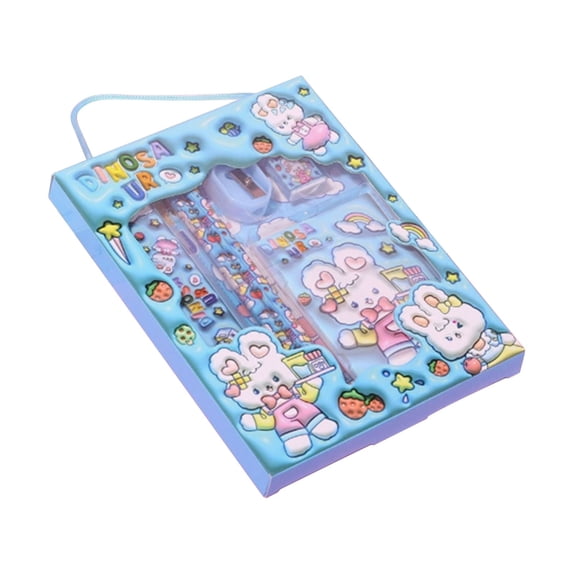 Cute Rabbit Themed Stationery Gift Set 丨 Plastic Paper Mixed Stationery Kit Including 2 Pencils Pencil Sharpener Eraser Ruler Notepad for Gift Giving