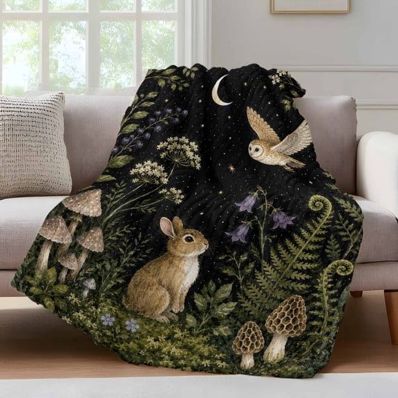 Cute Rabbit Throw Blanket for Couch Midnight Moon Forest Flying Owl Green Fern Fronds Mushroom Soft and Warm Flannel 3D Striped Fluffy Fleece Blanket Lightweight Throw for Bed, Sofa 30 x 40 Inches