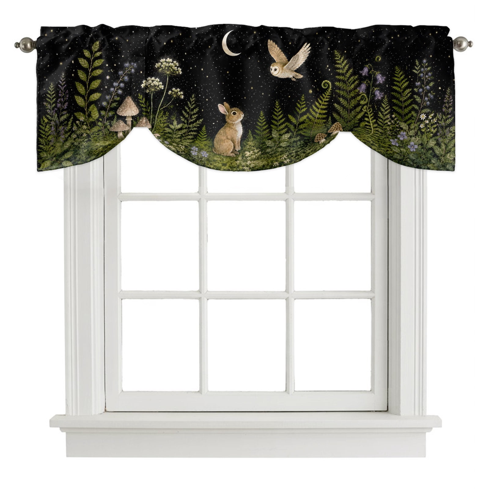 Cute Rabbit Tie Up Valances Curtain, Midnight Moon Forest Flying Owl ...