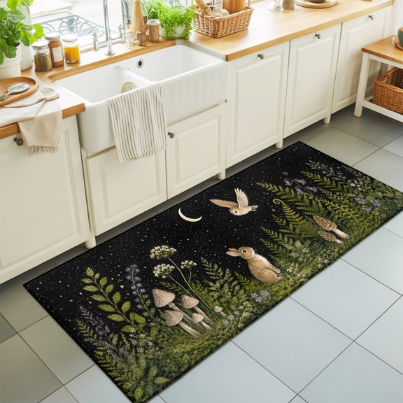 Cute Rabbit Washable Runner Rugs 2'x6', Midnight Moon Forest Flying Owl Green Fern Fronds Mushroom Washable Runner Rug Non-Slip Sturdy Edge Binding Carpet for Bedside Hallway Runner Kitchen Galley
