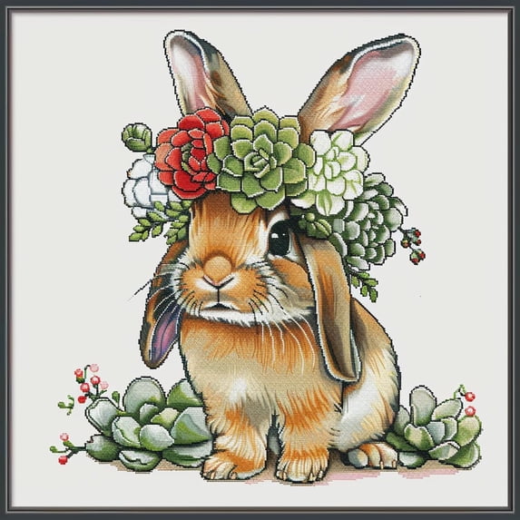Cute Rabbit Wear Succulent Flower Wreath DIY 11CT Stamped Cross Stitch Kits for Beginners Easy Needlepoint Embroidery Counted Cross Stitch Art Craft for Wall Decoration 14x14inch(4)