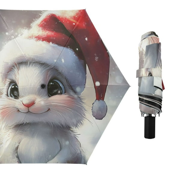 Cute Rabbit Wearing Christmas Hat Snow All Weather Umbrella Triple Folding Parasol 6 Ribs UV Protection Portable