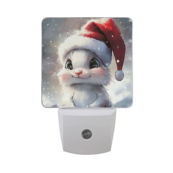 Cute Rabbit Wearing Christmas Hat Snow LED Night Light with Smart Sensor Plug Into Wall Dusk to Dawn 2 packs