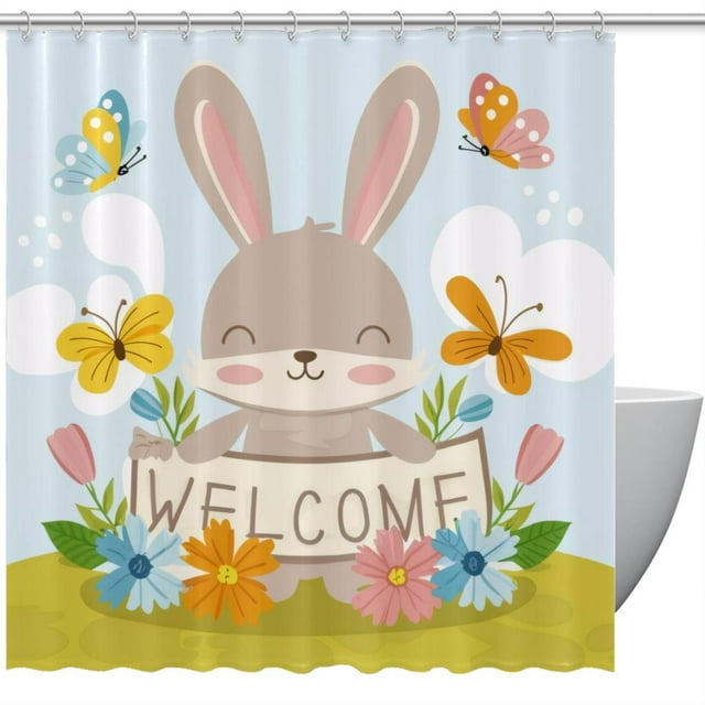 Cute Rabbit Welocme Shower Curtain Sets, Shower Curtain for Bathroom