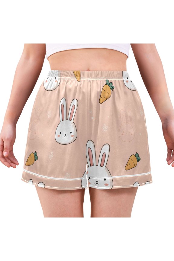 Cute Rabbit and Carrot Women's Pajama Shorts Silky Satin Casual Lounge Sleep Zero Pressure