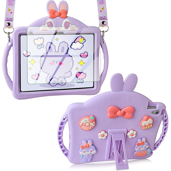 Cute Rabbit iPad 10th Generation Case with Screen Protector – Soft Silicone Cover with Shoulder Strap & Handle, for Kids & Girls, Fits iPad 10th Gen 10.9" 2022.