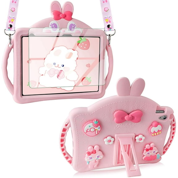 Cute Rabbit iPad 10th Generation Case with Screen Protector – Soft Silicone Cover with Shoulder Strap & Handle, for Kids & Girls, Fits iPad 10th Gen 10.9" 2022.