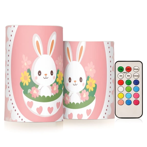 Cute Rabbit in Flowerpot Easter Flickering Flameless Candles LED Tealight Battery Operated with Remote Set of 2 Holiday Decor Ornaments