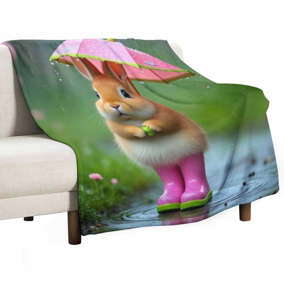 Cute Rabbit in Rain with Umbrella Blanket Soft Cozy Flannel Blanket for man women
