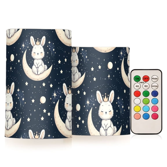 Cute Rabbit with Crown on Moon Flickering Flameless LED Candles set of 2 Battery Operated 18-Key Remotes Timer Halloween Fall Decor D3''xH4''5''