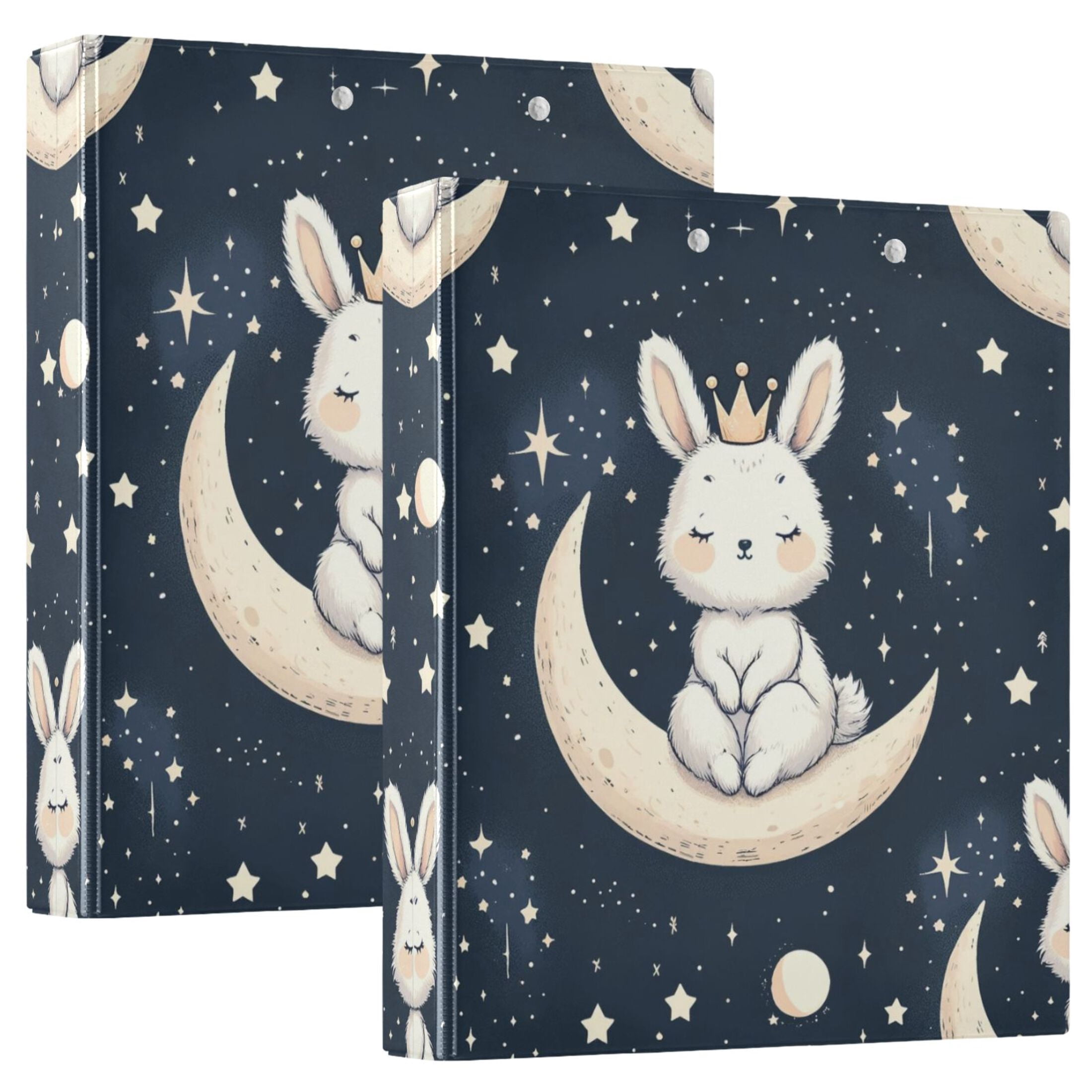 Cute Rabbit with Crown on Moon Hardcover 3 Ring Binder 1.5” Round Rings ...
