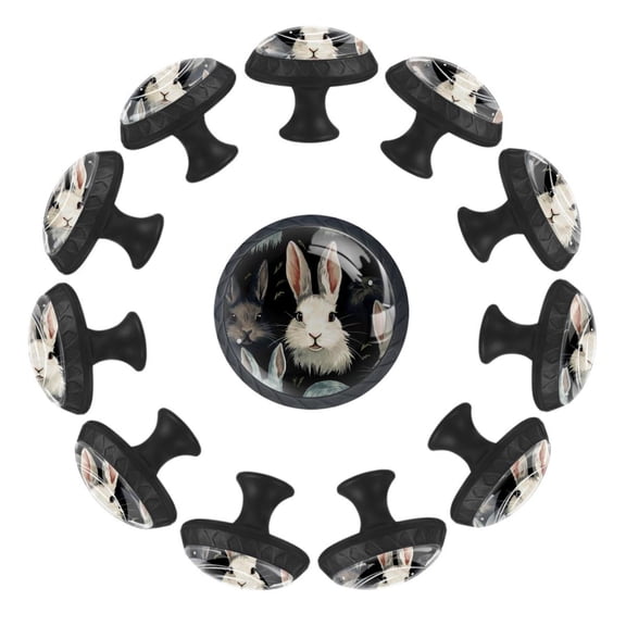 Cute Rabbit with Flowers 35MM Round Glass Cabinet Knobs, Kitchen Knobs for Drawer Dresser Cupboard Wardrobe Modern Pulls Handles Hardware, Set of 12