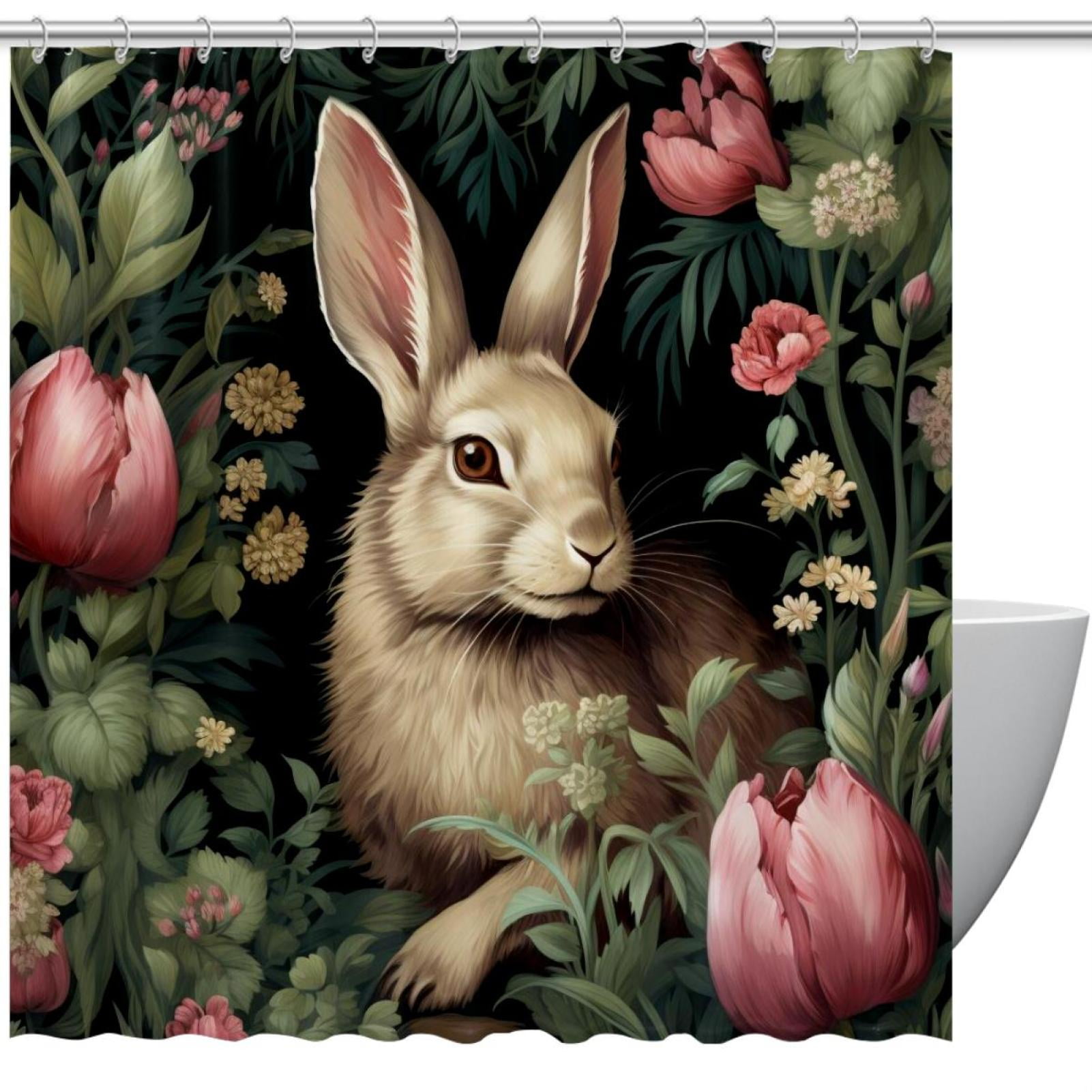 Cute Rabbit with Flowers Bathroom Shower Curtain, Waterproof Bath