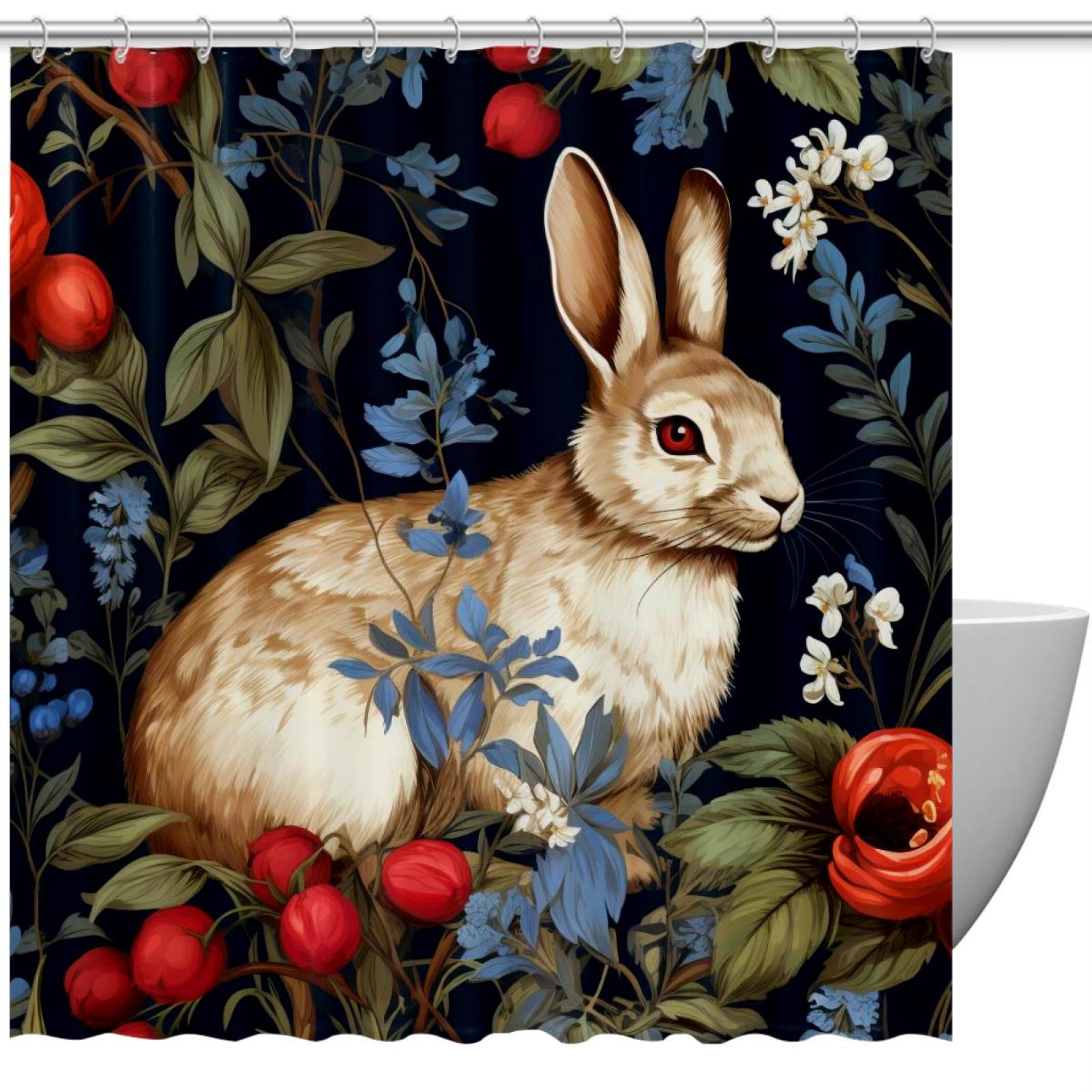 Cute Rabbit with Flowers Bathroom Shower Curtain, Waterproof Bath