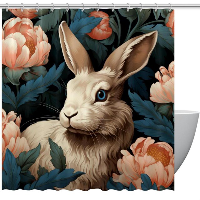Cute Rabbit with Flowers Bathroom Shower Curtain, Waterproof Bath