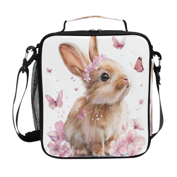 Cute Rabbit with Peach Blossom Butterflies Insulated Lunch Bag Reusable Lunch Box Lunch Container with Straps