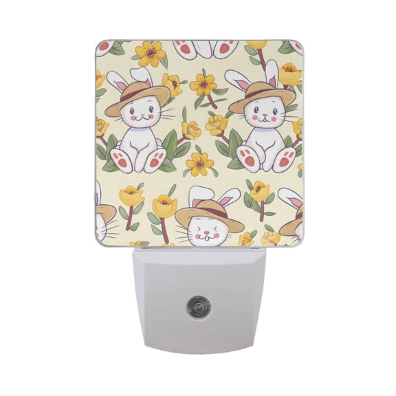 Cute Rabbit with Straw Hat Night Light 2 Pack LED Nightlight Plug into Wall Dusk to Dawn Sensor Soft White