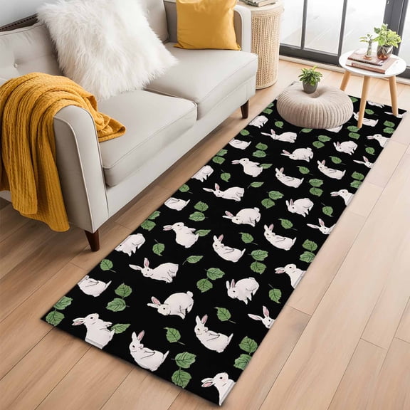 Cute Rabbits 2'x6' Runner Rug, Country Leaves Plants Cartoon Bunny Black Washable Non-Slip Area Rugs for Hallway Kitchen Floor Bedroom Entryway, StainResistant Laundry Carpet Decoration Indoor Mat