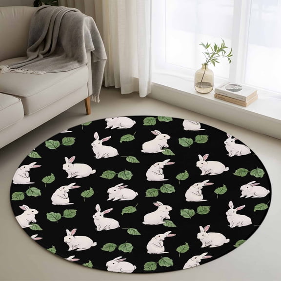 Cute Rabbits 3ft Area Rug, Country Leaves Plants Cartoon Bunny Black Washable Non-Slip Small Round Rugs for Entryway Bedroom Kitchen, Soft Circle Carpet for Dining Room, Playroom Nursery Rug