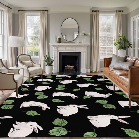 Cute Rabbits 5'x8' Area Rug for Living Room, Country Leaves Plants Cartoon Bunny Black Washable Non-Slip Rugs for Bedroom Nursery Dining Room, Low-Pile Kitchen Carpet Large Entryway Rugs