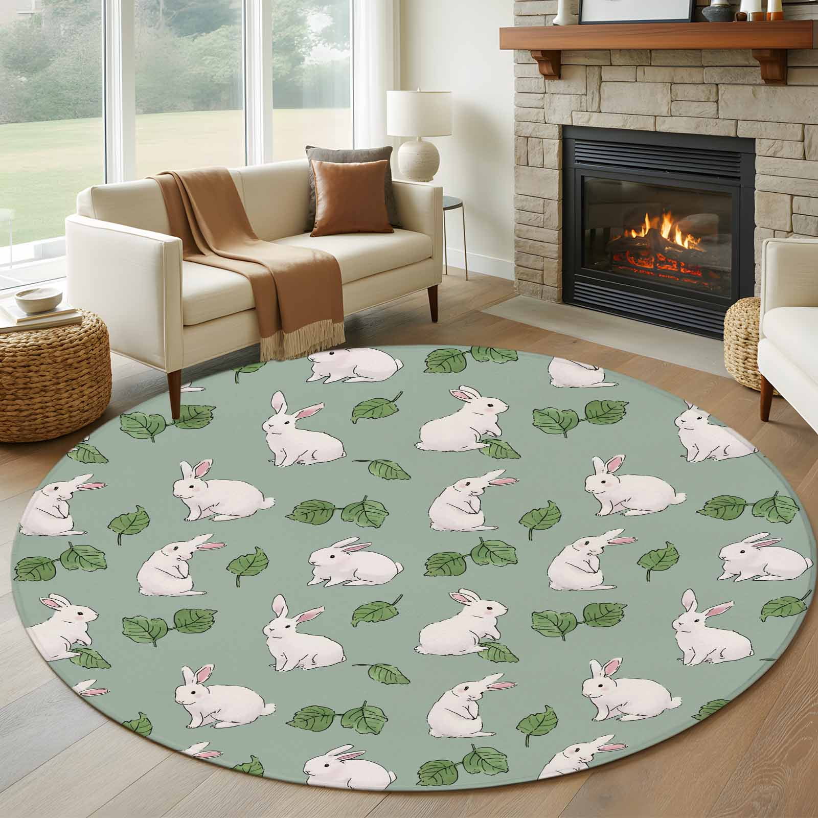 Cute Rabbits 6ft Round Rugs, Green Farmhouse Leaves Plants Cartoon ...