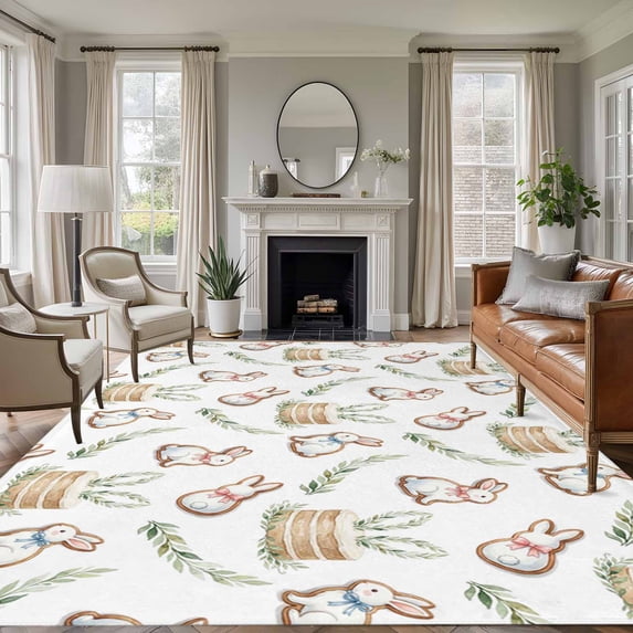 Cute Rabbits Area Rug 5x7 Washable Rug Non Slip Spring Eucalyptus Leaves Farmhouse Large Area Rug Soft Stainresistant Indoor Floor Carpet for Living Room Bedroom Home Office Dining Room Nursery