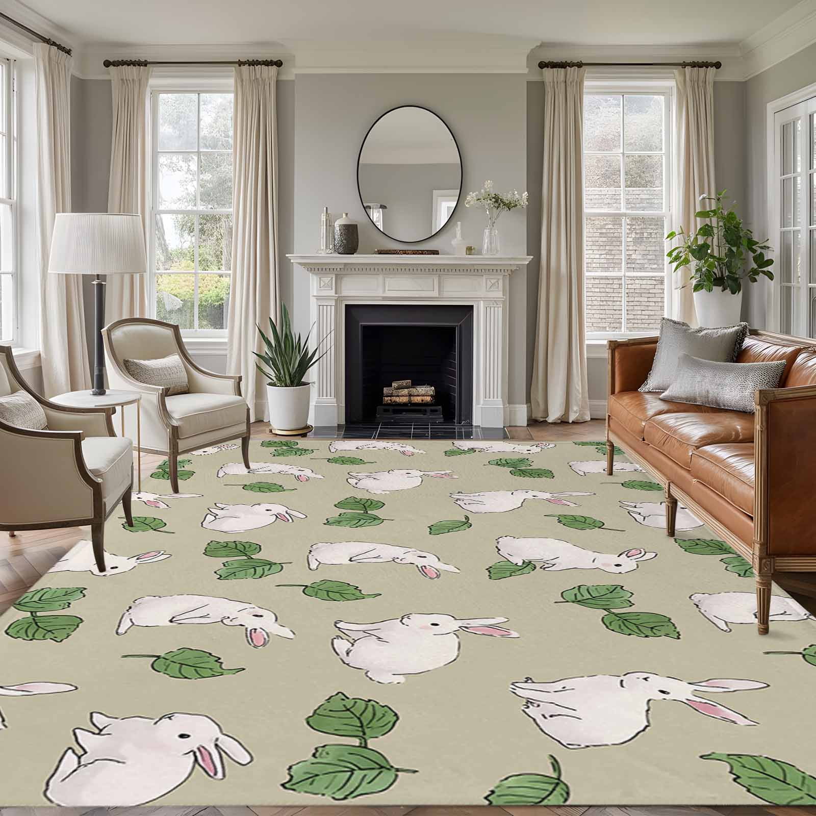 Cute Rabbits Area Rugs 8'x10', Washable Small Throw Rugs for Living ...