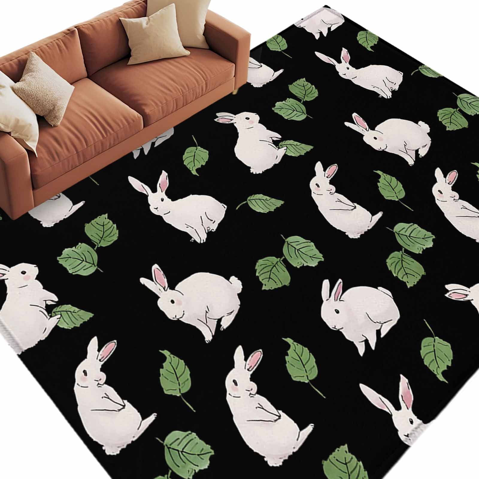 Cute Rabbits Area Rugs Collection 5'x7', Country Leaves Plants Cartoon ...